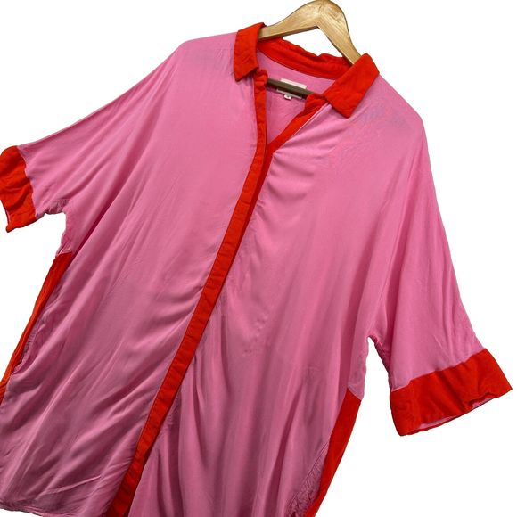 Margo Baridon Colorblock Tunic Dress Size XL Pink Red Relaxed Fit Button Down - Picture 4 of 15